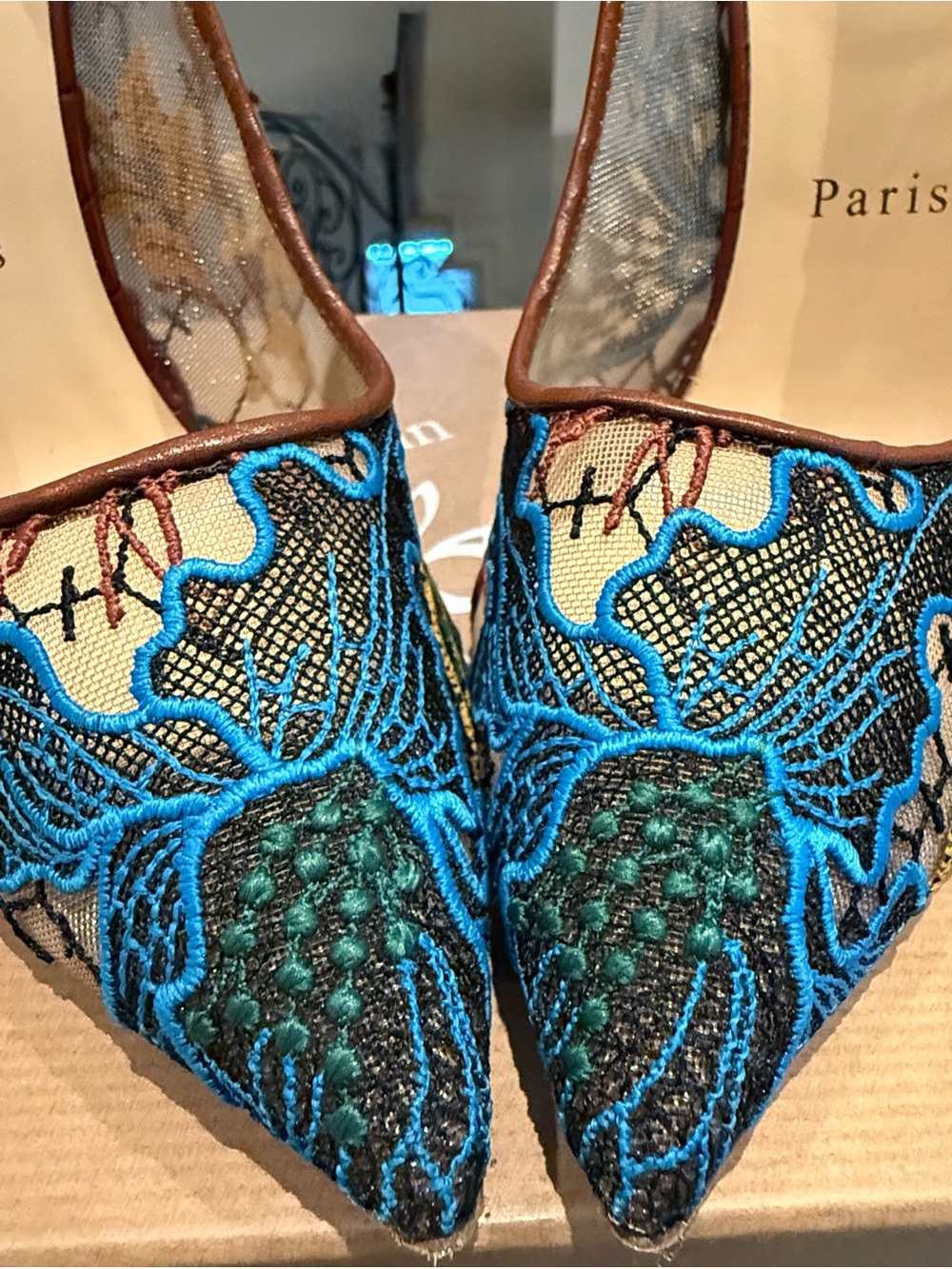 Christian Louboutin Blue and Green Embroidered Pointed Toe Pumps - Picture 2 of 8